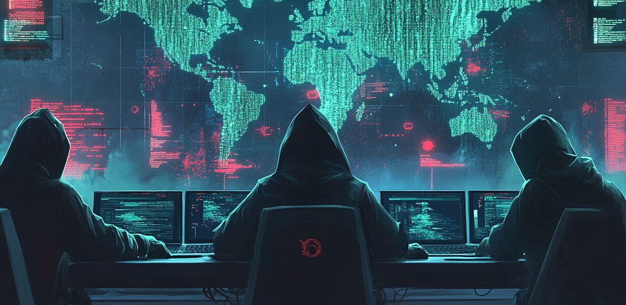 Digitales Schlachtfeld mit Hackern und globalen Cyberangriffen.