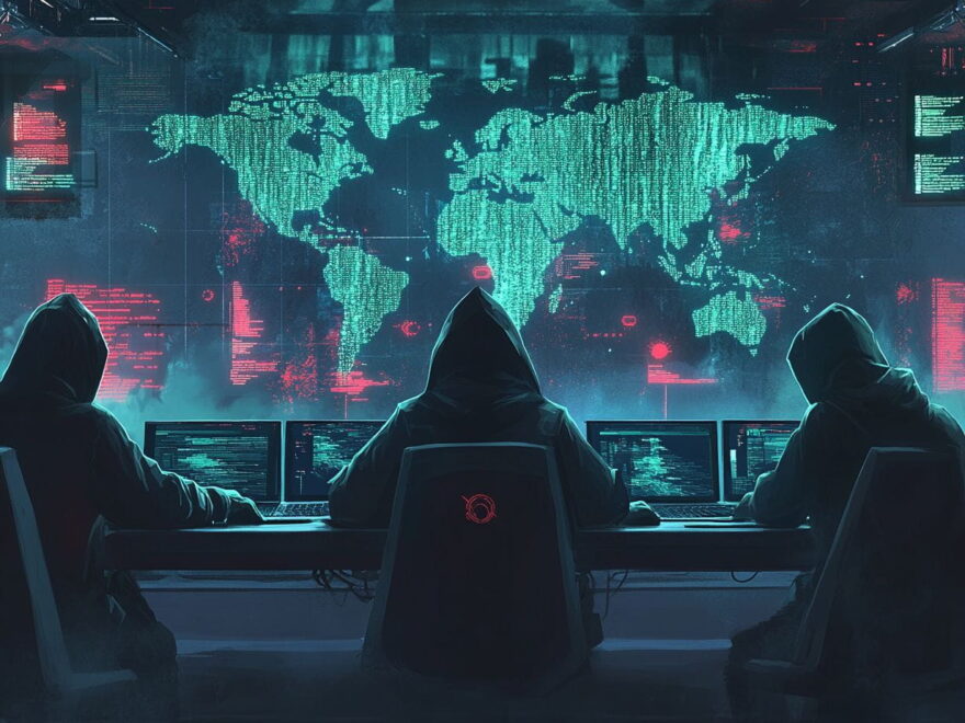 Digitales Schlachtfeld mit Hackern und globalen Cyberangriffen.
