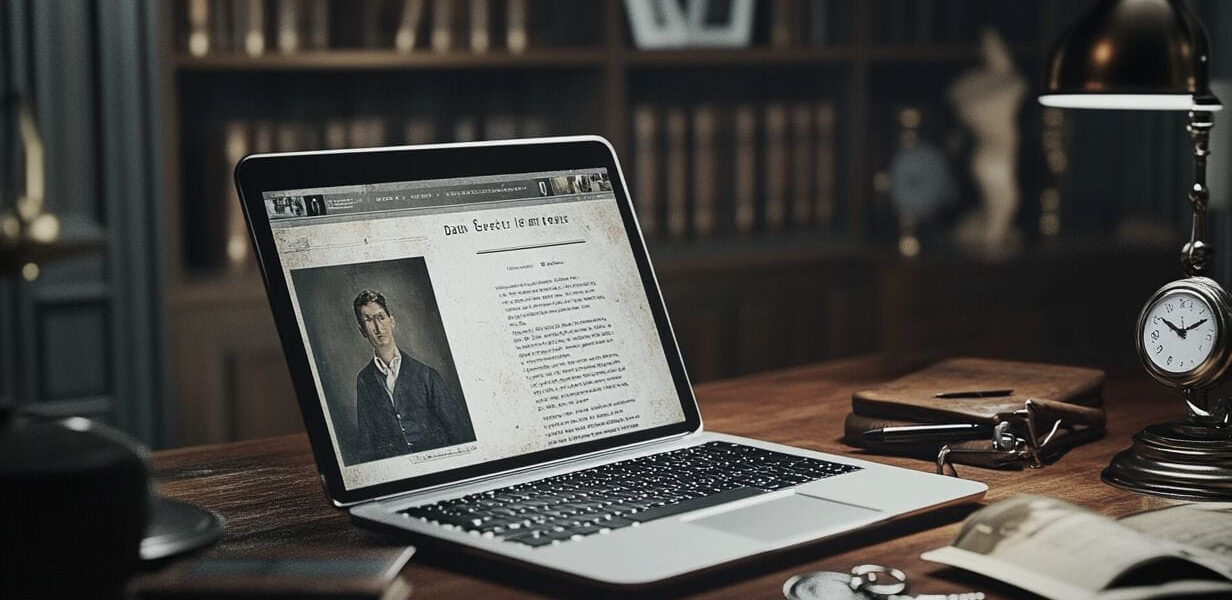 Laptop auf einem Schreibtisch mit geöffneter Seite zur Datensicherheit, umgeben von alten Fotos und Erbstücken, symbolisiert digitalen Nachlass.