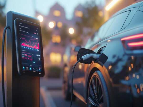 Kosten und Wirtschaftlichkeit von Elektroautos: Effizienz und Einsparungen Elektroauto an Ladestation mit Kostensparanzeige auf Smartphone