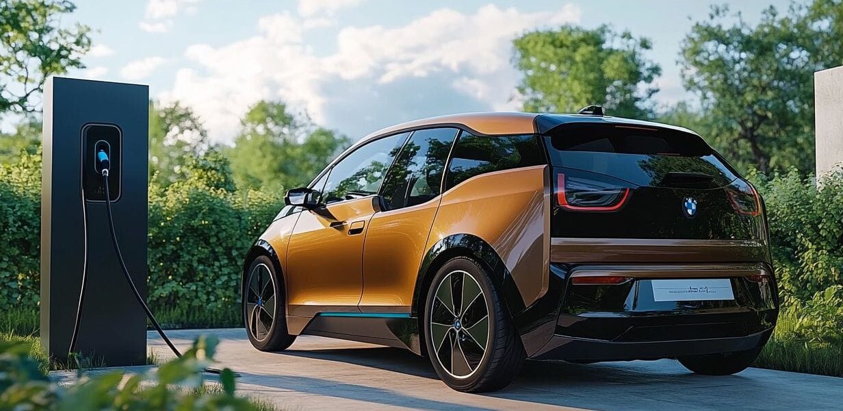 Elektroauto lädt an einer Ladestation in grüner Umgebung.