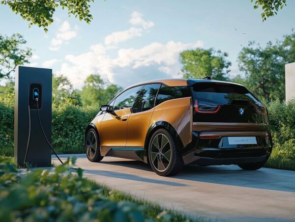 Elektroauto beim Laden an einer umweltfreundlichen Ladestation Elektroauto lädt an einer Ladestation in grüner Umgebung.