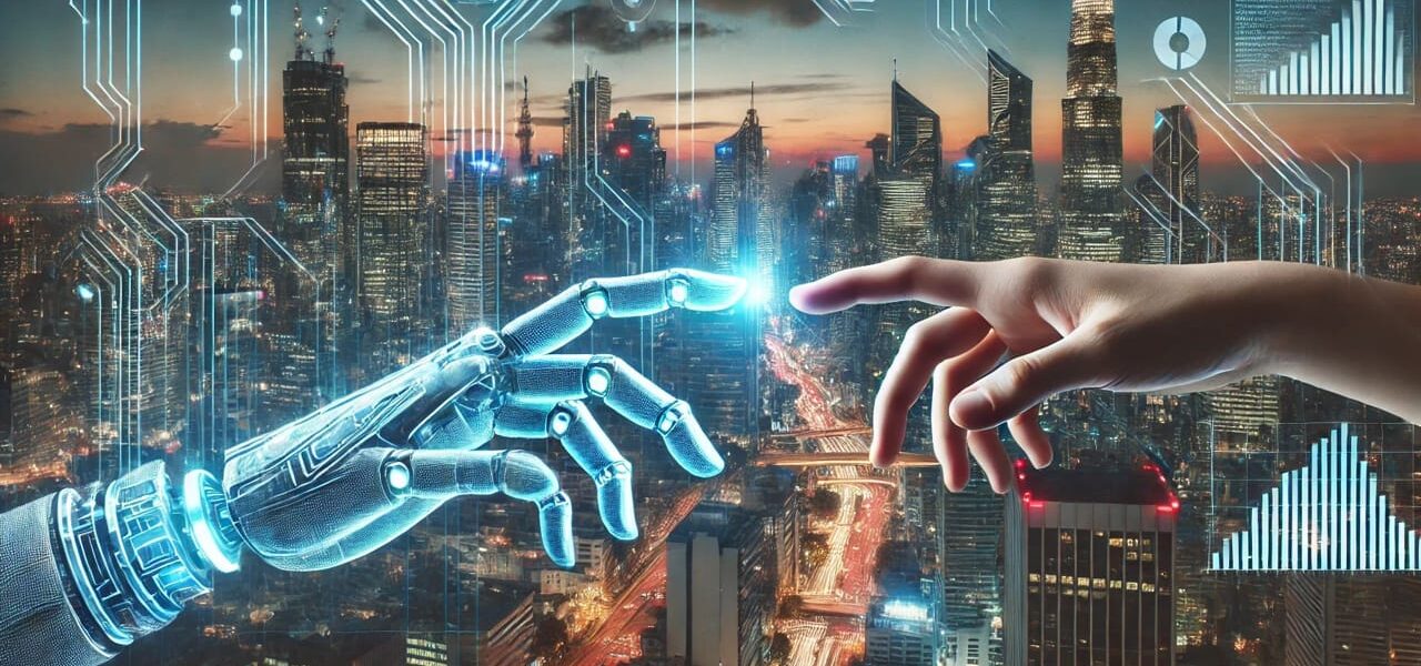 Futuristische Stadt mit holografischen Schnittstellen, ein menschlicher und ein digitaler Handshake symbolisieren das Gleichgewicht zwischen künstlicher Intelligenz und menschlicher Kontrolle.