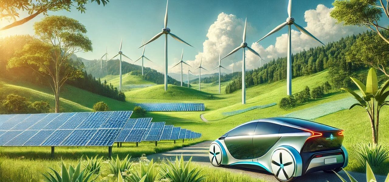 Landschaft mit Windkraftanlagen, Solarzellen und einem futuristischen Wasserstofffahrzeug, symbolisiert grüne Technologie und Nachhaltigkeit.