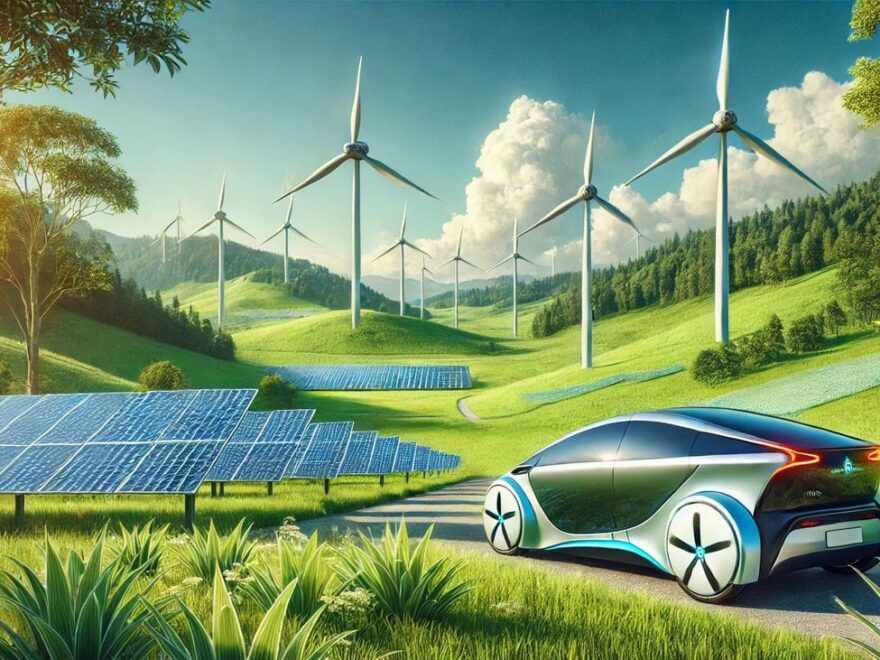 Landschaft mit Windkraftanlagen, Solarzellen und einem futuristischen Wasserstofffahrzeug, symbolisiert grüne Technologie und Nachhaltigkeit.