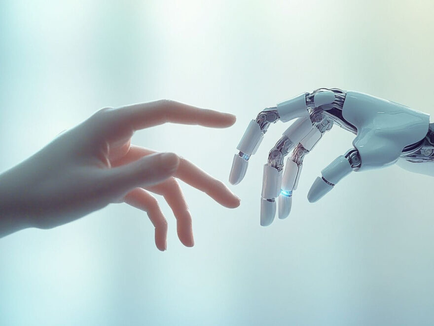 Menschenhand und Roboterhand berühren sich, symbolisiert Mensch-Maschine-Interaktion.