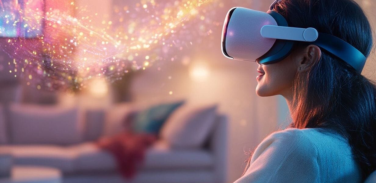 Person mit VR-Headset, die in einer Mischung aus realer und virtueller Welt interagiert