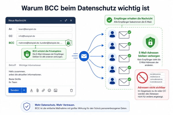 Infografik zeigt, wie BCC beim E-Mail-Versand die Adressen mehrerer Empfänger schützt
