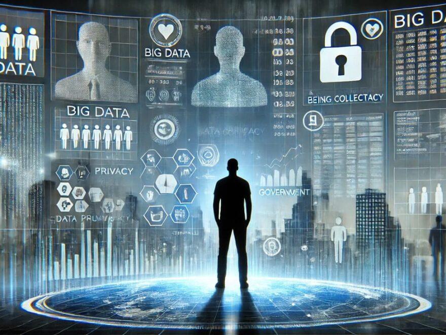 Person vor digitalem Bildschirm mit Datenpunkten, die Big Data und Datenschutz symbolisieren