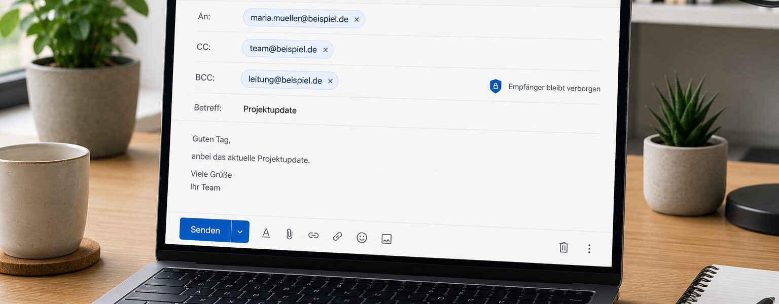 Laptop mit geöffneter E-Mail und sichtbaren Feldern für An, CC und BCC