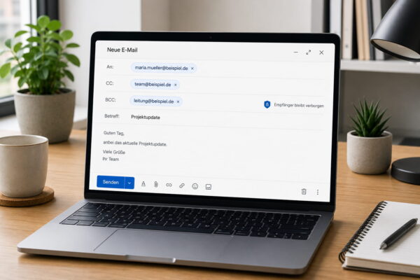 Laptop mit geöffneter E-Mail und sichtbaren Feldern für An, CC und BCC
