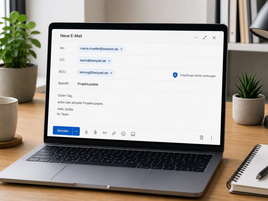 Laptop mit geöffneter E-Mail und sichtbaren Feldern für An, CC und BCC