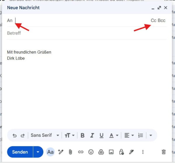 Gmail-Fenster mit markierten Feldern für An, Cc und Bcc beim Schreiben einer neuen E-Mail