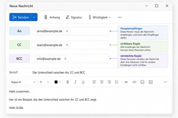 E-Mail-Fenster mit den Feldern An, CC und BCC zur Erklärung der Empfängerarten