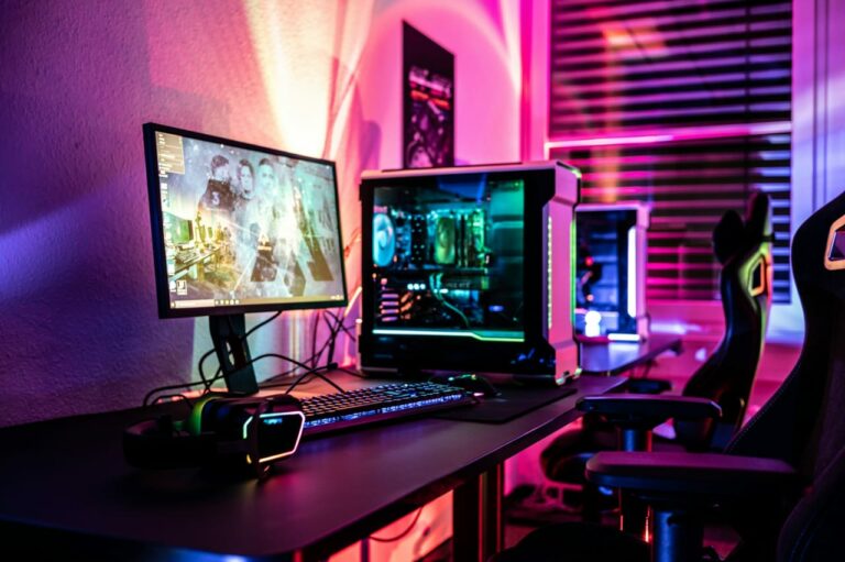 Beleuchtetes Gaming-PC-Setup mit Monitor, Tastatur und Headset in einem modernen Raum