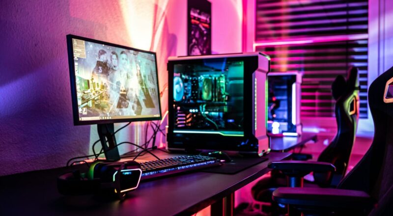 Beleuchtetes Gaming-PC-Setup mit Monitor, Tastatur und Headset in einem modernen Raum