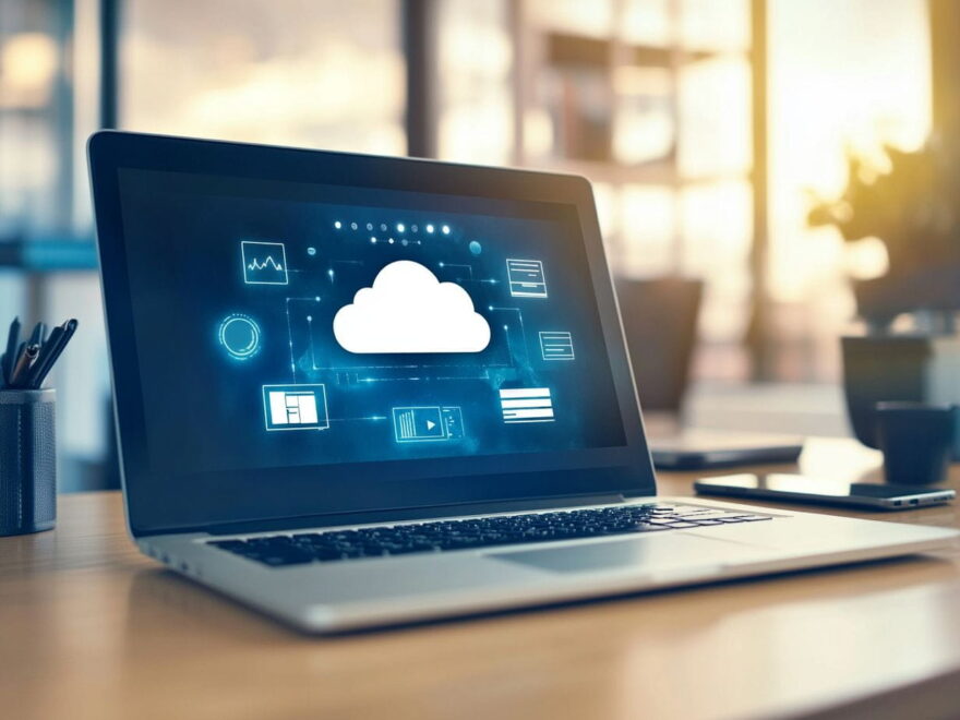 grosse dateien versenden laptop upload Laptop zeigt Upload großer Datei über Cloud-Speicher, Schreibtisch mit Smartphone und externer Festplatte