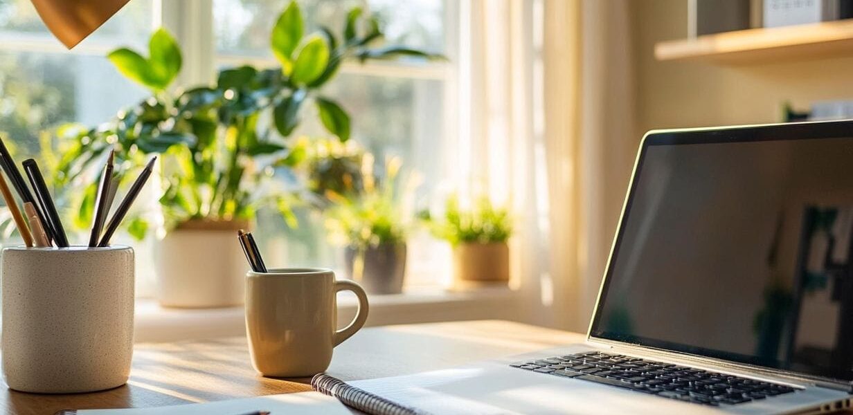 Moderner Home-Office Arbeitsplatz mit Schreibtisch, Laptop und ergonomischem Stuhl