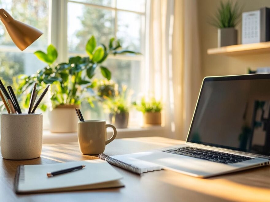 Moderner Home-Office Arbeitsplatz mit Schreibtisch, Laptop und ergonomischem Stuhl