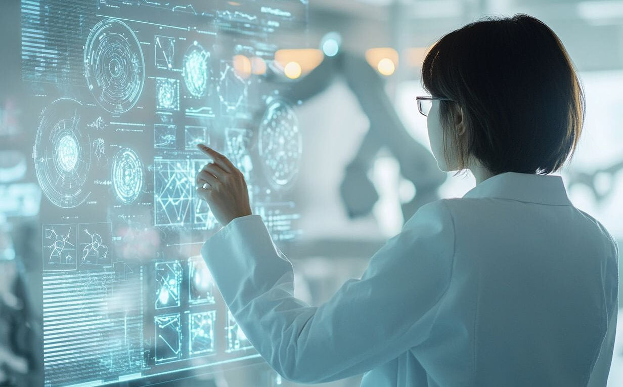 Person interagiert mit Künstlicher Intelligenz auf holografischem Bildschirm in modernem Büro