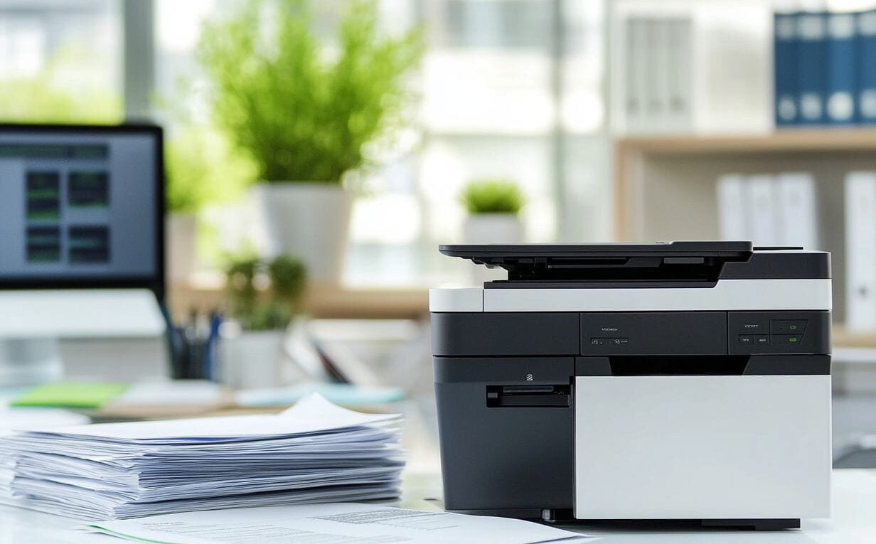 Laserdrucker in einem modernen Büro, der ein Dokument druckt
