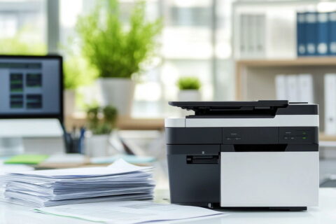Laserdrucker in einem modernen Büro, der ein Dokument druckt