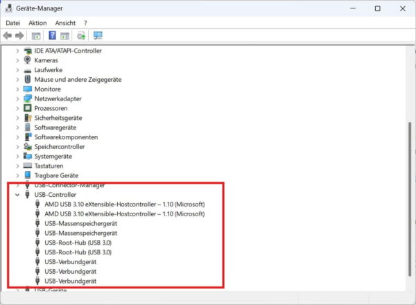 USB-Controller im Windows-Geräte-Manager zur Prüfung eines nicht erkannten USB-Sticks