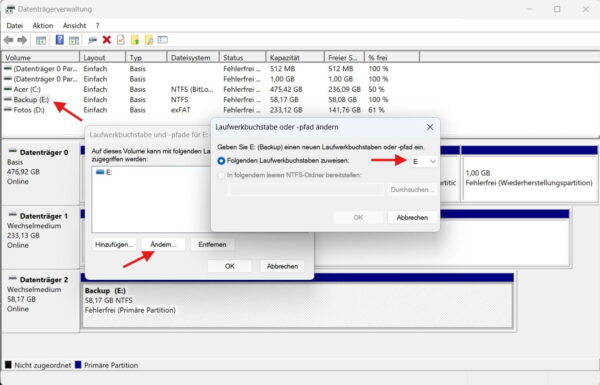 Laufwerksbuchstaben für einen USB-Stick in der Windows-Datenträgerverwaltung ändern