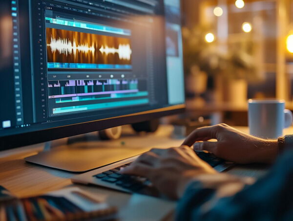 Video mit Musik hinterlegen – Arbeit am Computer für Einsteiger Hände arbeiten am PC, um Musik in ein Video einzufügen
