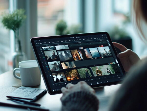 Video mit Musik hinterlegen – Einfache Bearbeitung auf dem Tablet Person fügt auf einem Tablet Musik zu einem Video hinzu