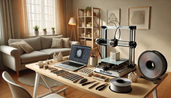 3D-Drucker Setup für Zuhause – Arbeitsplatz mit Drucker in Aktion 3D-Drucker in einem modernen Heimarbeitsplatz während des Druckvorgangs