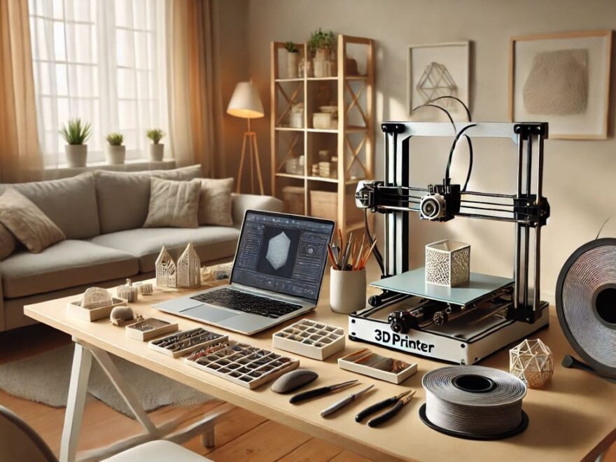 3D-Drucker in einem modernen Heimarbeitsplatz während des Druckvorgangs
