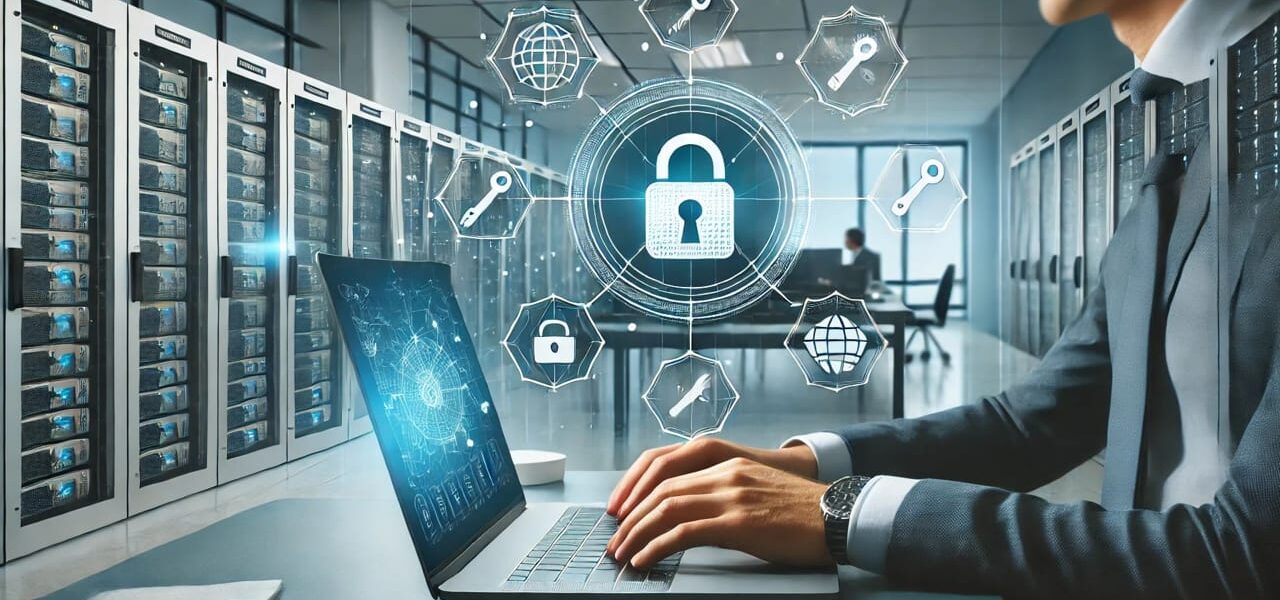 Person arbeitet an Laptop mit Sicherheitssymbolen, die NIS2-Compliance darstellen
