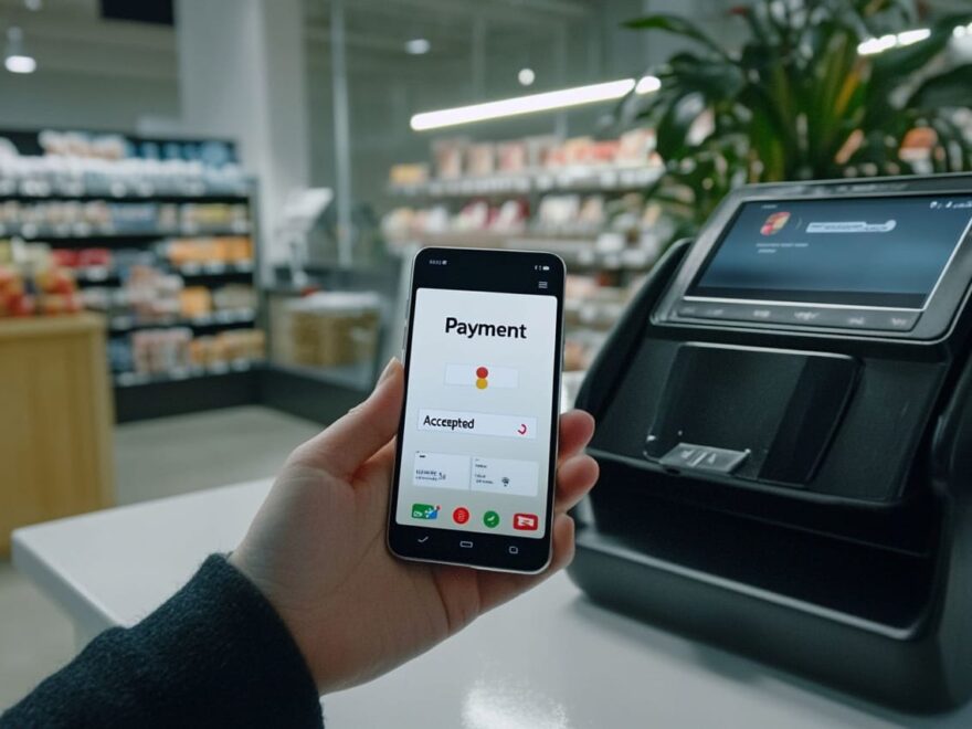 Person zahlt kontaktlos mit dem Smartphone an der Kasse.