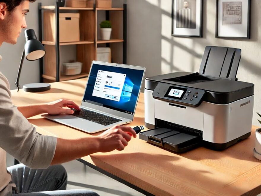 Person richtet Drucker an Windows-Laptop ein, USB-Verbindung herstellen