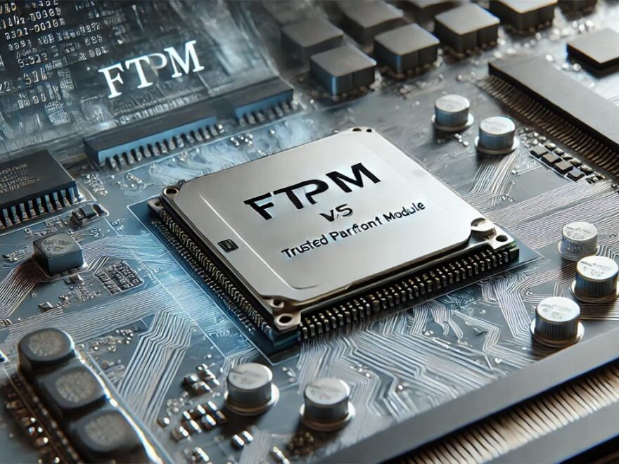 Nahaufnahme eines Laptop-Motherboards mit TPM-Chip und digitalem fTPM-Bildschirm, Vergleich der Sicherheitstechnologien TPM und fTPM