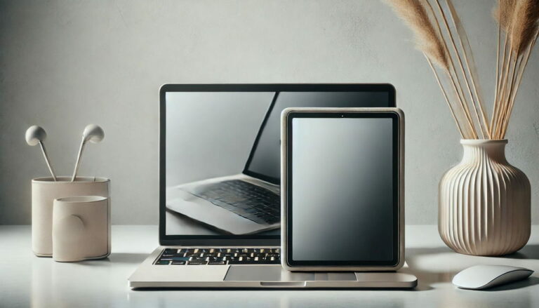 Gebrauchtes Notebook und Tablet im Vergleich auf einem Schreibtisch.