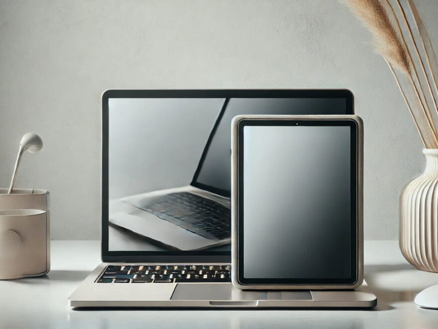 Gebrauchtes Notebook und Tablet im Vergleich auf einem Schreibtisch.