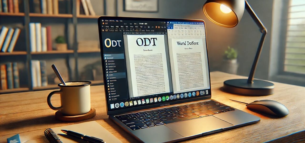 Laptop zeigt ODT-Datei in LibreOffice und Word-Dokument nebeneinander