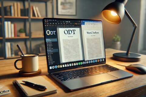 Laptop zeigt ODT-Datei in LibreOffice und Word-Dokument nebeneinander