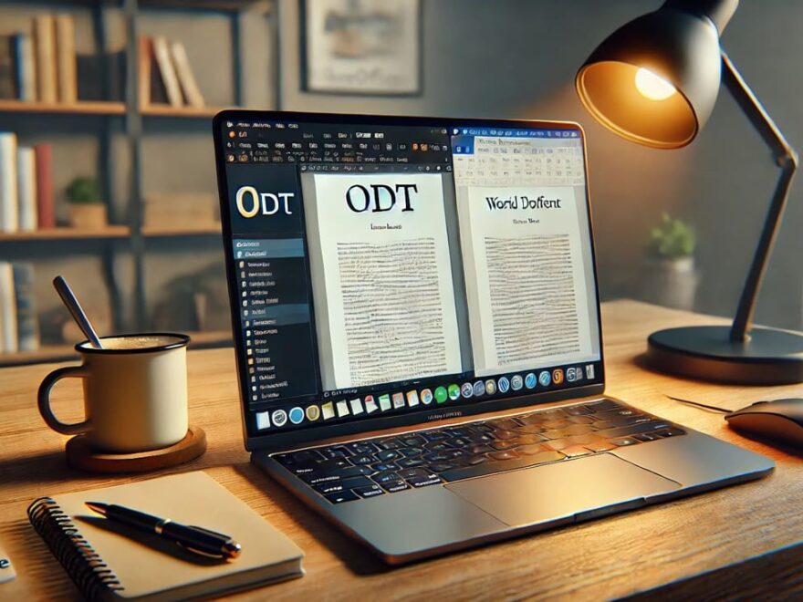 Laptop zeigt ODT-Datei in LibreOffice und Word-Dokument nebeneinander