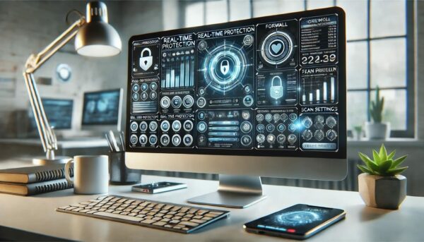 Moderne Sicherheitssoftware: Dashboard mit wichtigen Funktionen Antivirus-Dashboard mit wichtigen Funktionen wie Echtzeitschutz und Firewall