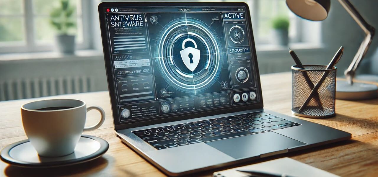 Laptop mit geöffneter Sicherheitssoftware, die den PC schützt