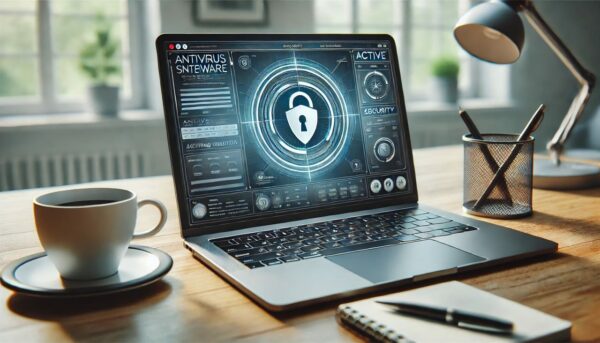 Moderne Sicherheitssoftware auf Laptop zur PC-Sicherheit Laptop mit geöffneter Sicherheitssoftware, die den PC schützt