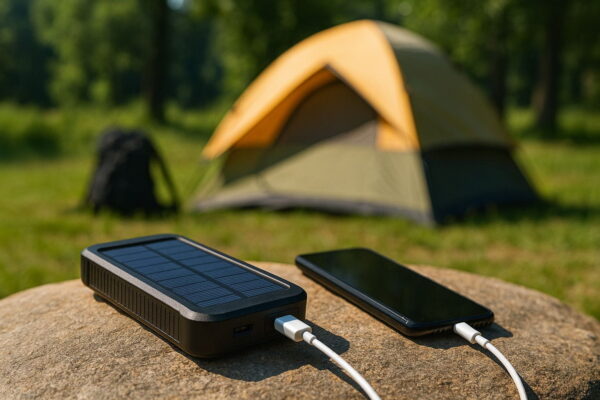 Solar Powerbank im Einsatz beim Camping und Outdoor Solar Powerbank beim Camping lädt Smartphone im Sonnenlicht
