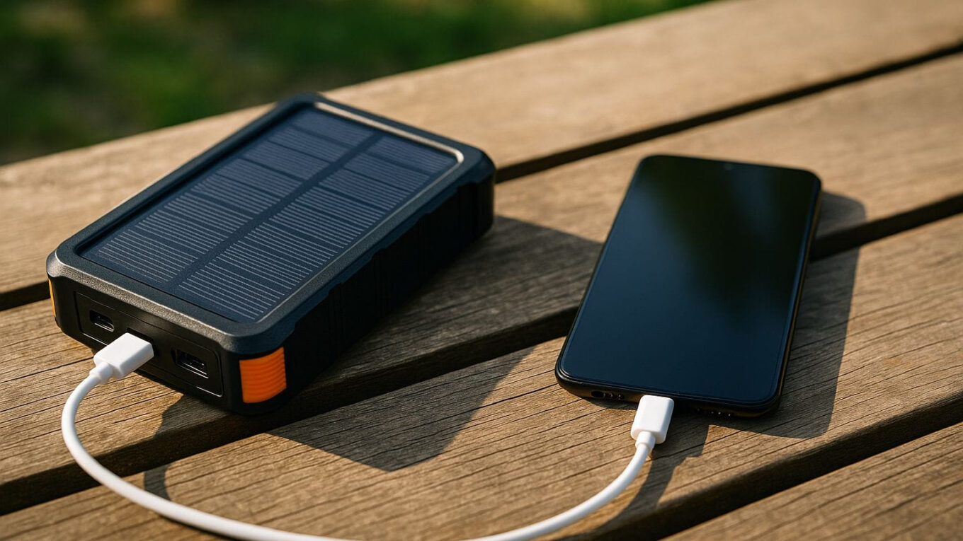 Solar Powerbank mit Solarpanel lädt Smartphone im Sonnenlicht