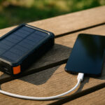 Solar Powerbank mit Solarpanel lädt Smartphone im Sonnenlicht