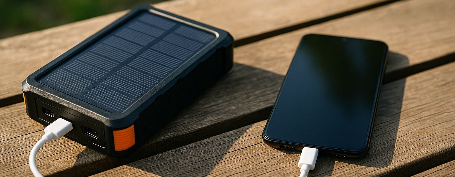 Solar Powerbank mit Solarpanel lädt Smartphone im Sonnenlicht