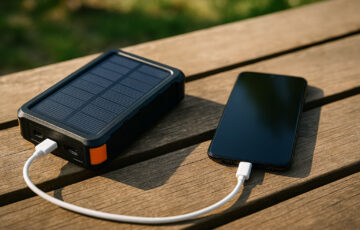 Solar Powerbank mit Solarpanel lädt Smartphone im Sonnenlicht