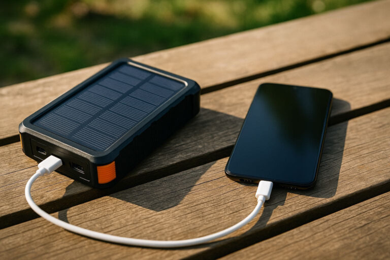Solar Powerbank mit Solarpanel lädt Smartphone im Sonnenlicht